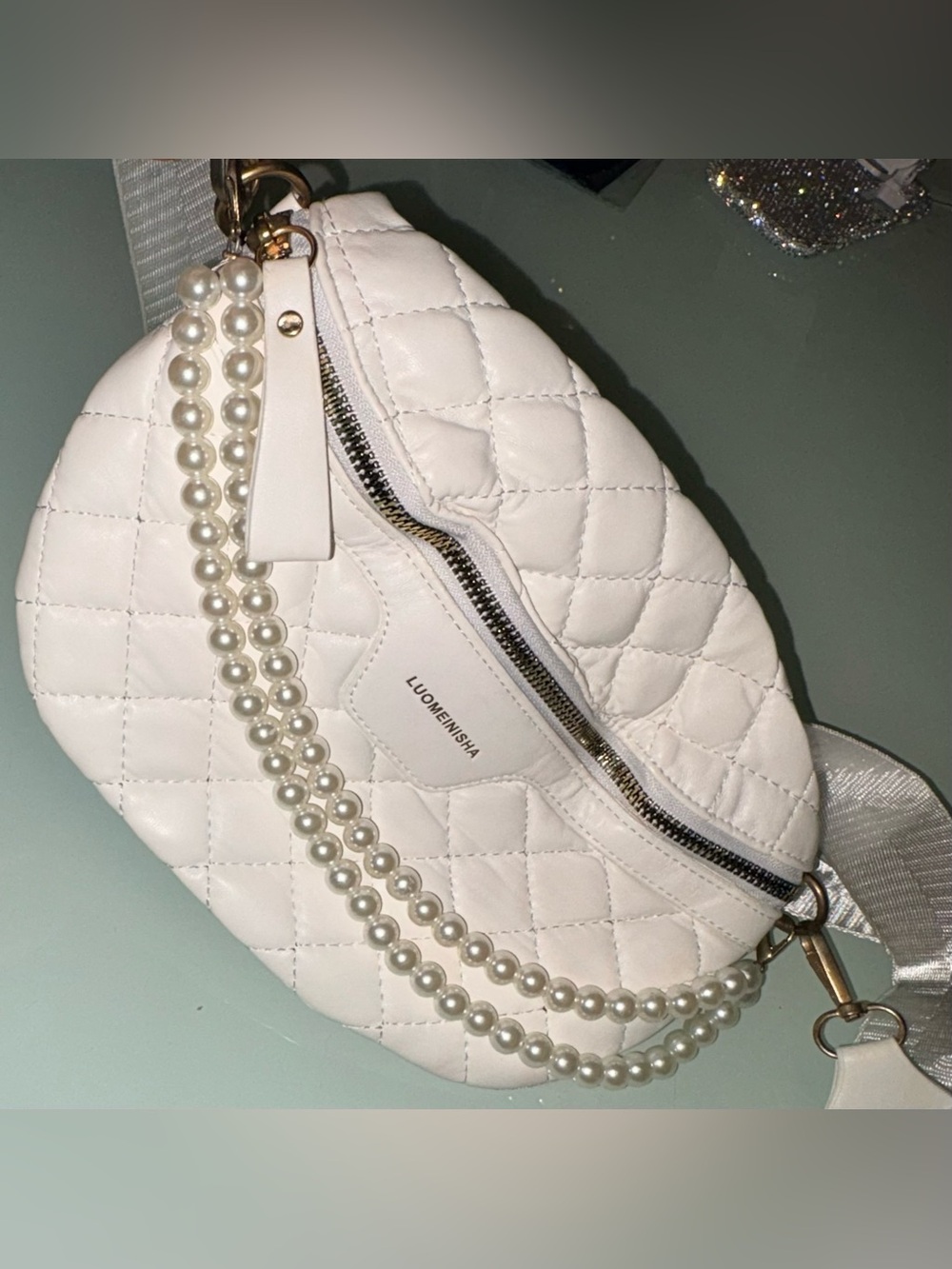 White Quilted Pearl-Trim Crossbody Bag